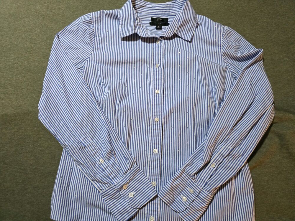 J Crew Wmns Garcon Classic Pinstripe Button Down W/Crystal Embellishments Sz 8